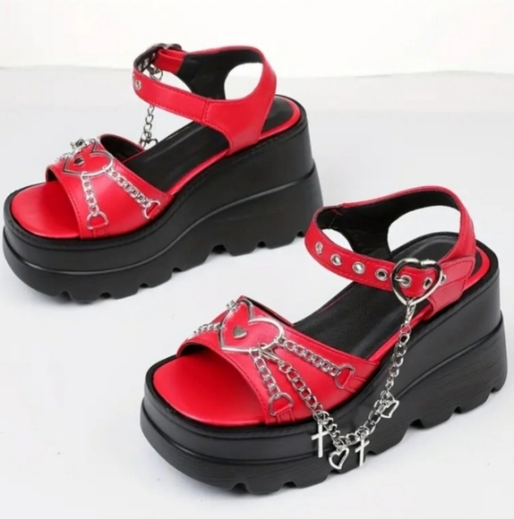 Red Platform Sandals with Chain Detail Sz 9